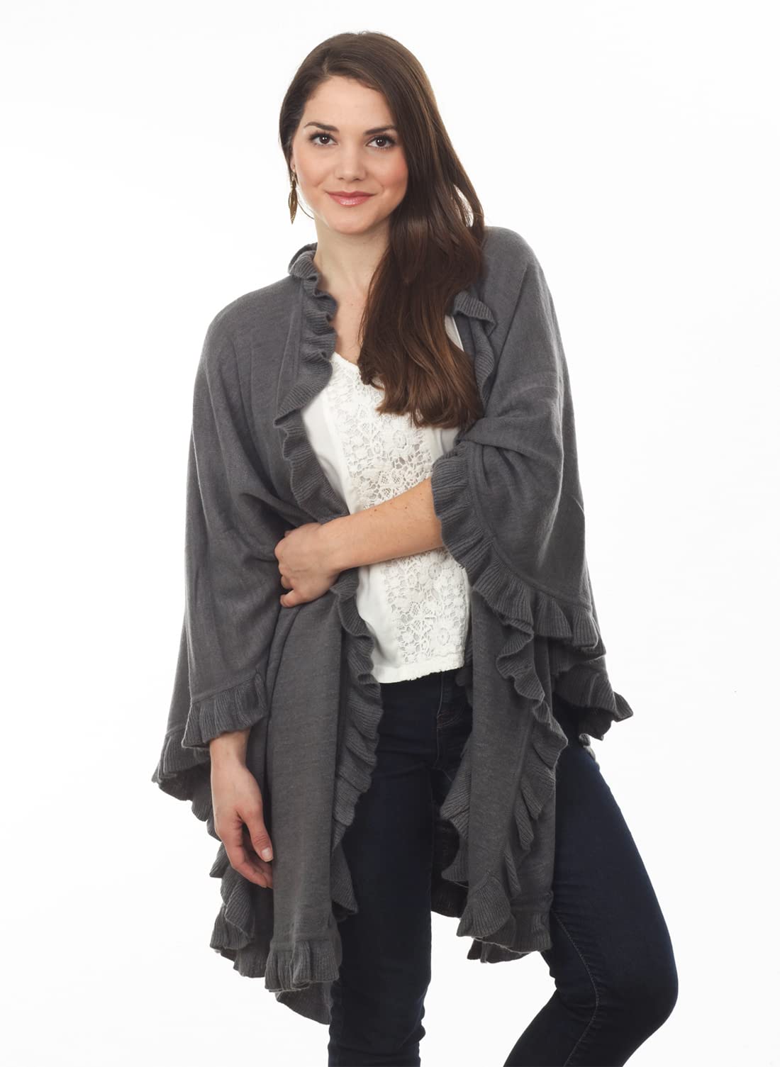 Fennco Styles Women's Ruffle Trim Knit Open Front Poncho Cape Shawl - Fall Wrap Jacket, Cozy and Stylish Layering Piece