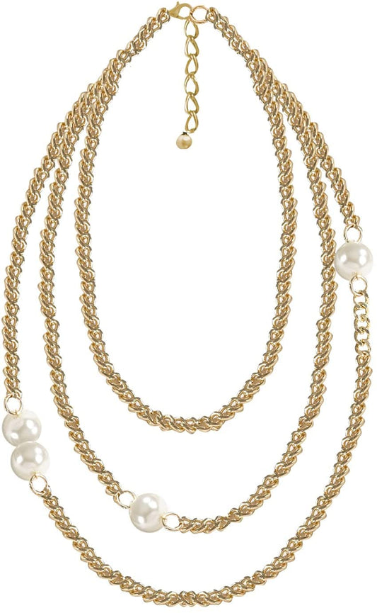 stylesilove Women Ivory Faux Pearl Gold Chain Statement Necklace 3 Row Layered Necklace for Birthday, Holiday, Prom, Special Event Fashion Jewelry