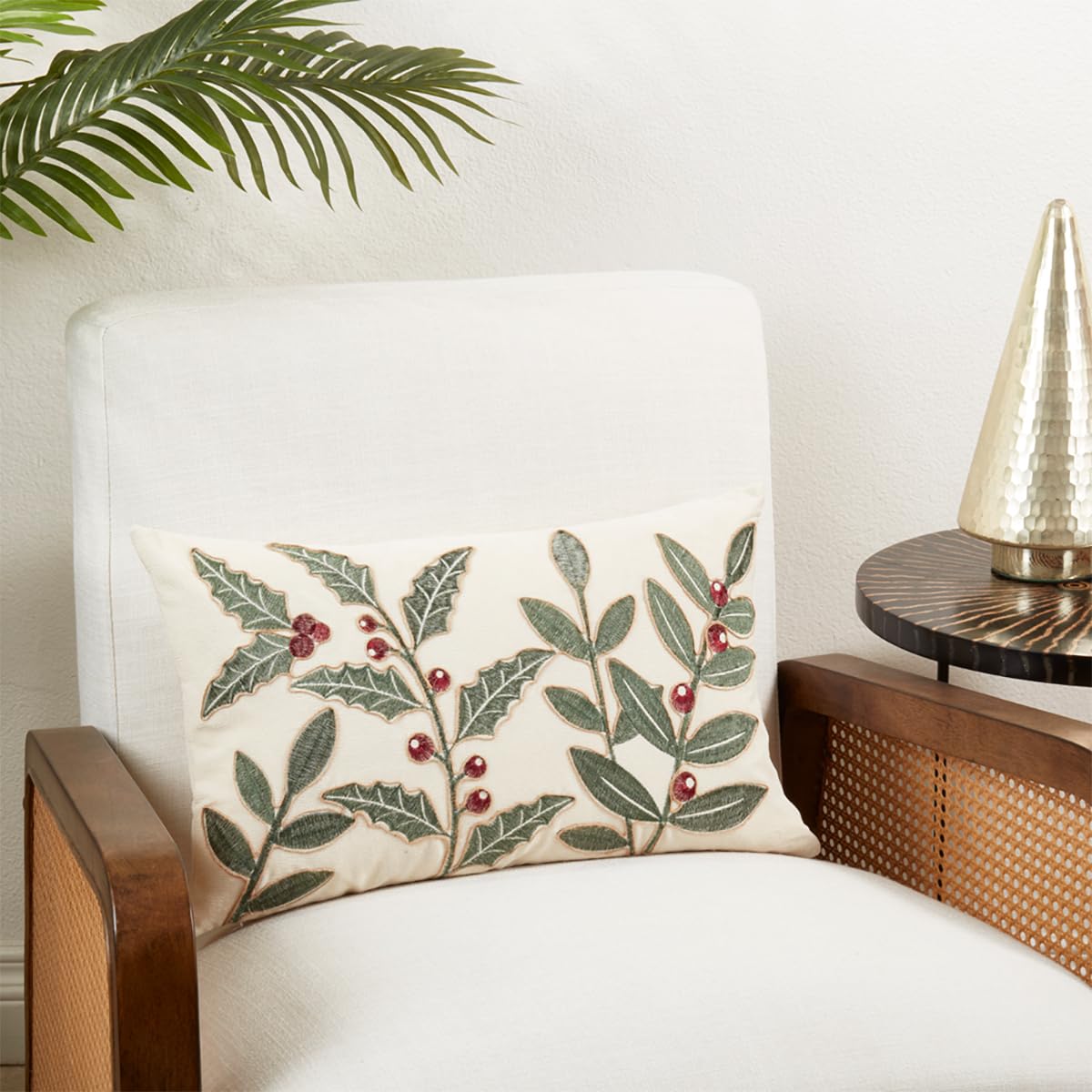 Fennco Styles Holly Berry Decorative Throw Pillow Cover 12" W x 20" L - Ivory Holiday Cushion Case for Christmas, Home, Couch, Living Room Décor, Special Occasion