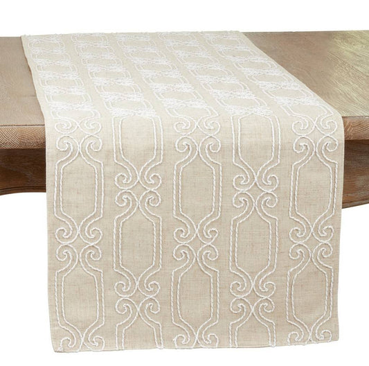 Fennco Styles Elegant Embroidered Scroll Linen Blend Table Runner 16" W x 70" L - White Woven Rectangle Table Cover for Home Décor, Dining Room, Banquets, Wedding and Special Occasion