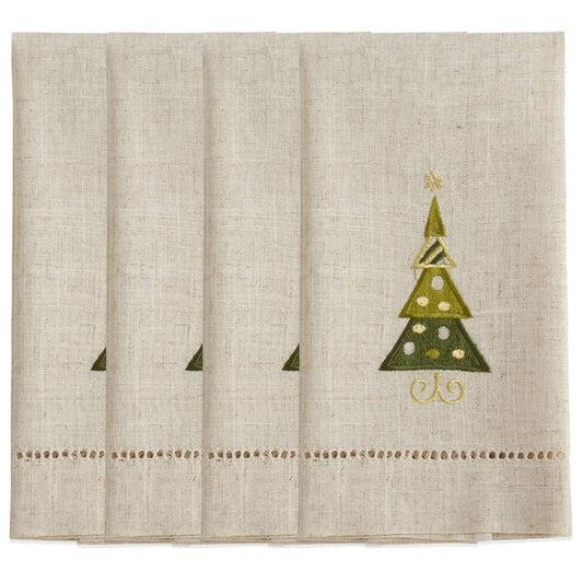 Fennco Styles Embroidered and Hemstitched Design Christmas Tree Linen-Poly Guest Towels 14 x 22 Inch, Set of 4 – Natural Modern Hand Towels for Christmas, Bathroom Decor, Bar Accessories, Wedding Gift