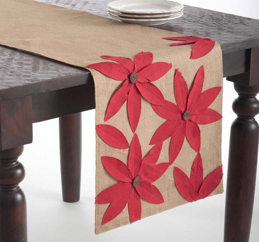 Fennco Styles Holiday Poinsettia Design 100% Jute Table Runner 16" W x 72" L - Red Floral Burlap Table Cover for Christmas, Dining Table, Banquets, Family Gatherings and Special Occasion