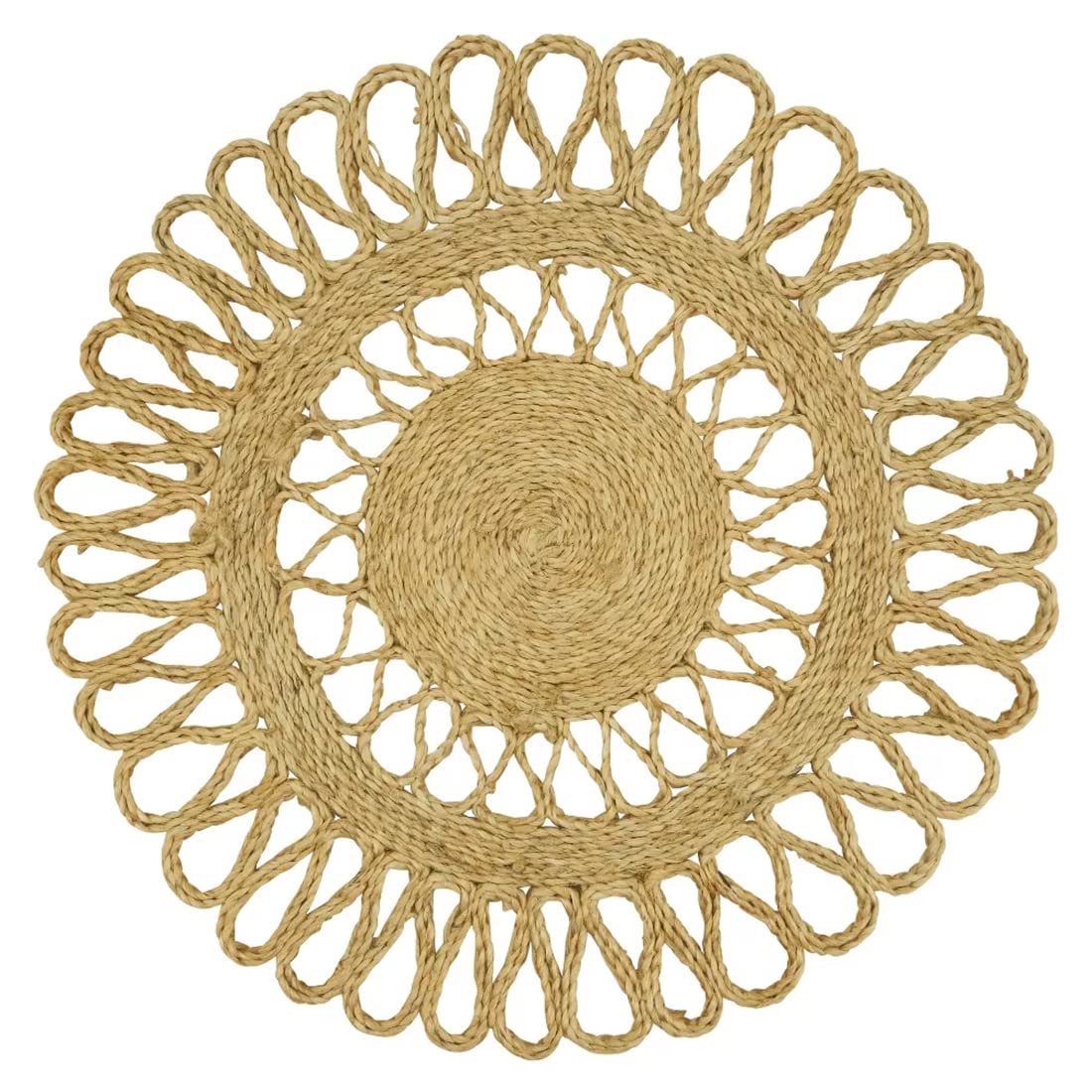 Fennco Styles Handwoven Loopy Jute Placemats 16" Round, Set of 2 - Natural Floral Shape Braided Table Mats Heat Resistant Insulation for Home, Boho Décor, Dining Table, Banquets, Special Events