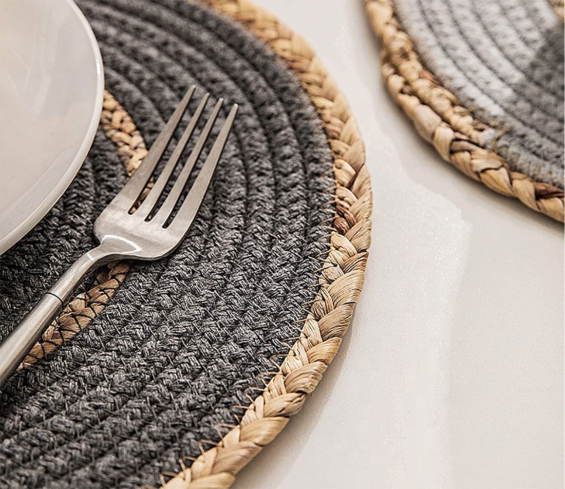 Fennco Styles Hand-Woven Rattan Cotton Rope Braided Placemats 12-Inch Round, Set of 4 - Heat Resistant Insulation Table Mats for Home, Boho Décor, Dining Table, Banquets and Special Events