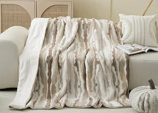 Fennco Styles Stripe Faux Fur Fleece Reversible Throw Blanket 60" W X 80" L - Beige Plush Fluffy Soft Blanket for Home, Couch, Bedroom, Living Room, Office, and Holiday Décor
