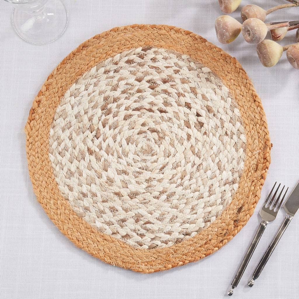 Fennco Styles Hand Braided Rustic Jute Placemats 15" Round, Set of 4 - Natural Woven Texture Heat Resistant Insulation Table Mats for Home Décor, Dining Table, Banquets, Holidays and Special Occasions