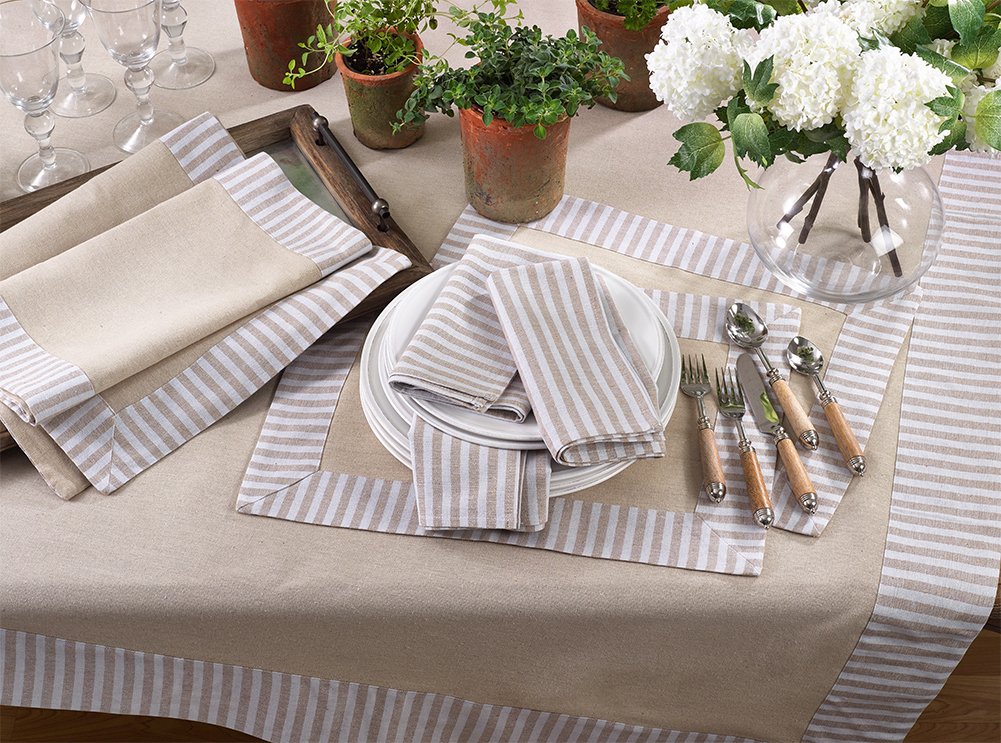 Fennco Styles Stripe Pattern Border Linen Cotton Table Runner