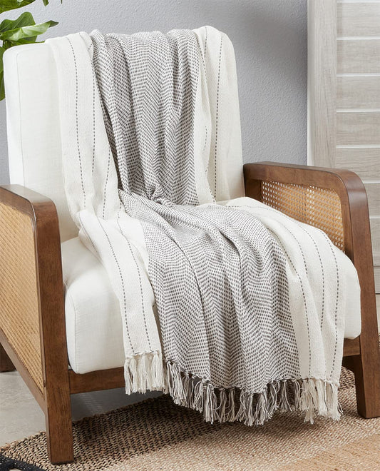 Fennco Styles Classic Kantha Stitch Cotton Throw Blanket with Tassel 50" W x 60" L – Grey Textured Blanket for Bed, Couch, Sofa, Home Décor, Ideas