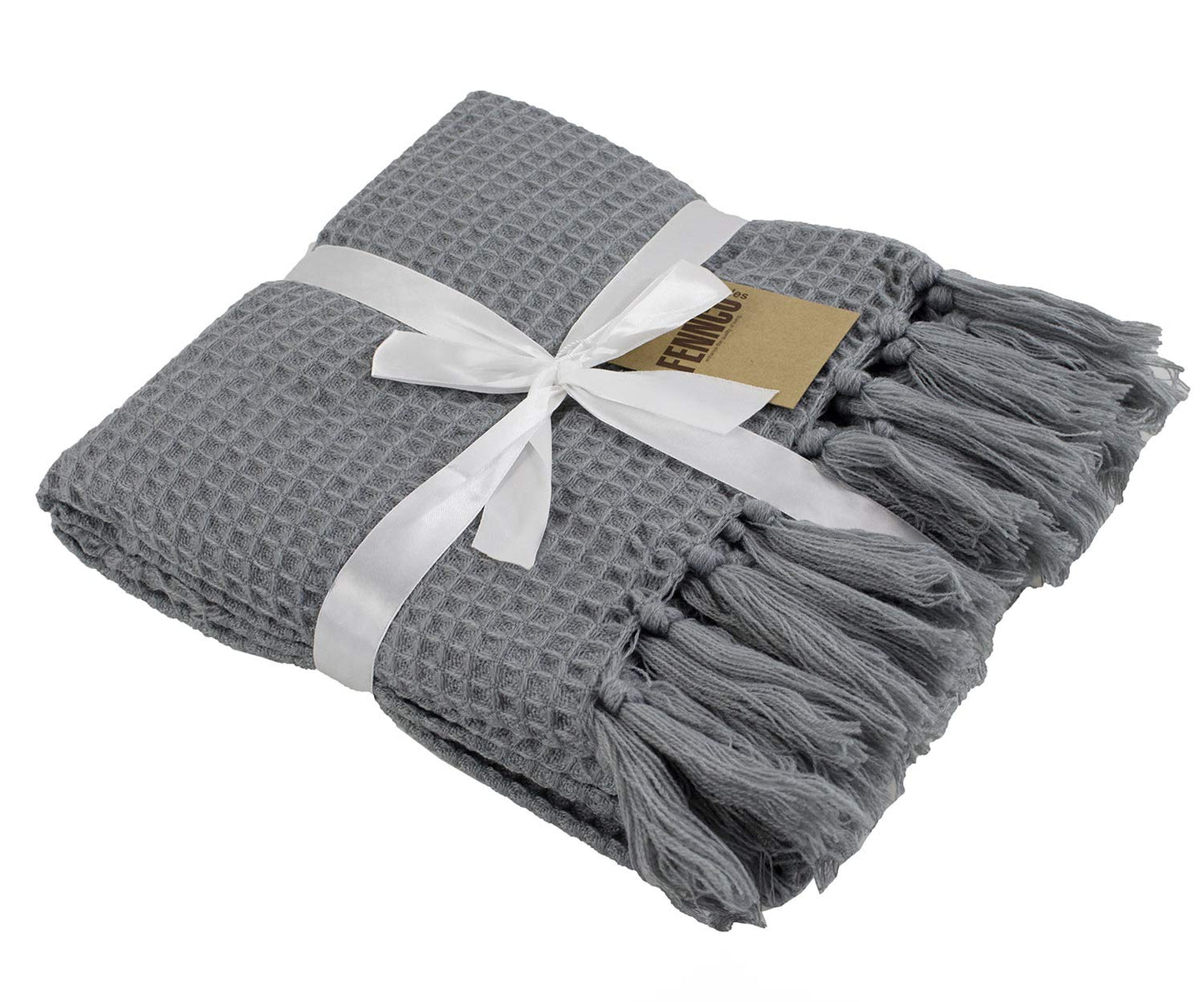 Fennco Styles Classic Waffle Weave Tassel Trim 50 x 60 Inch Throw - Grey Throw Blanket for Couch, Bedroom and Living Room Décor