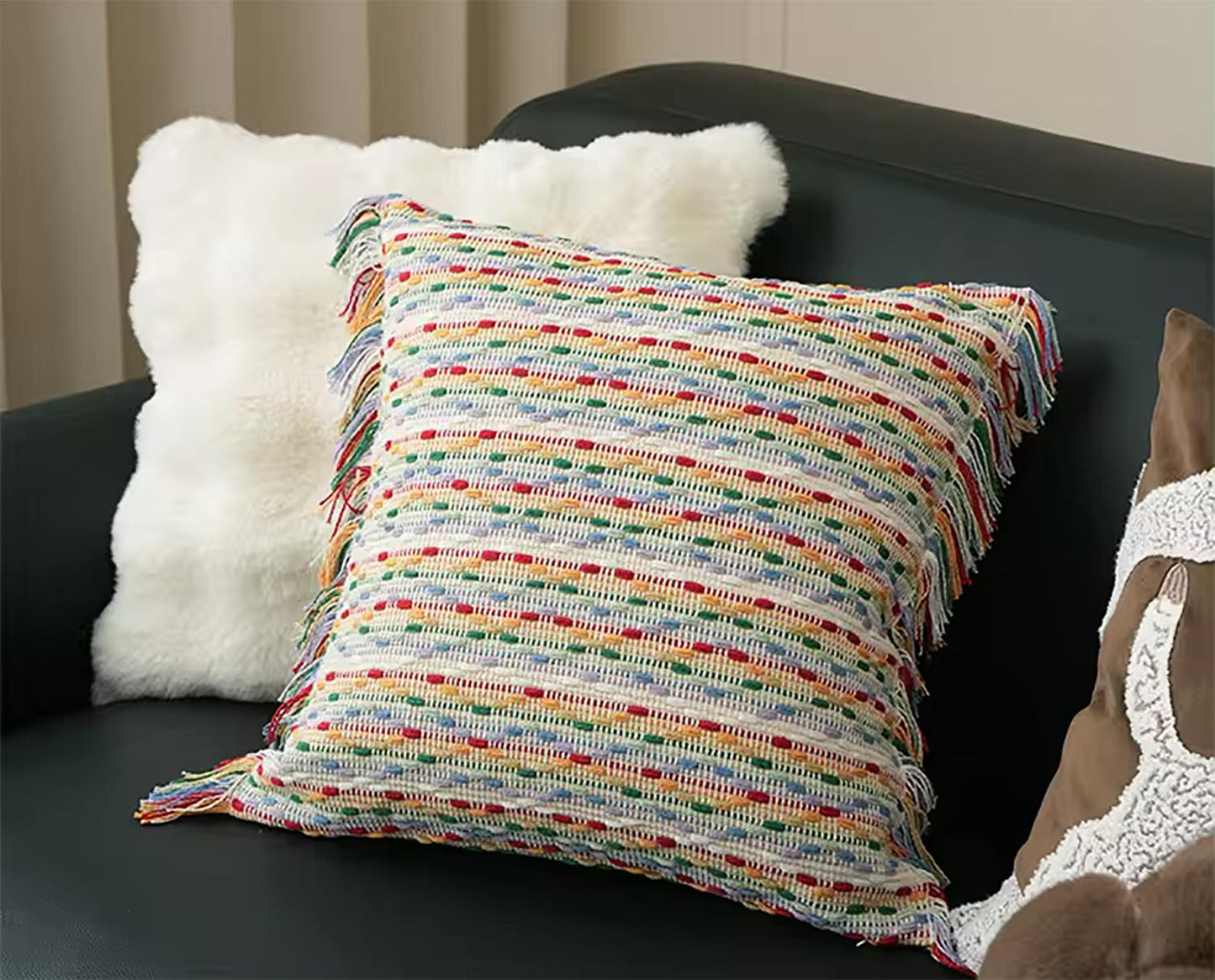 Fennco Styles Yarn Dyed Jacquard Decorative Throw Pillow Cover 18" W x 18" L - Colorful Striped Fringe Cushion Case for Home, Couch, Bedroom, Living Room and Office Décor