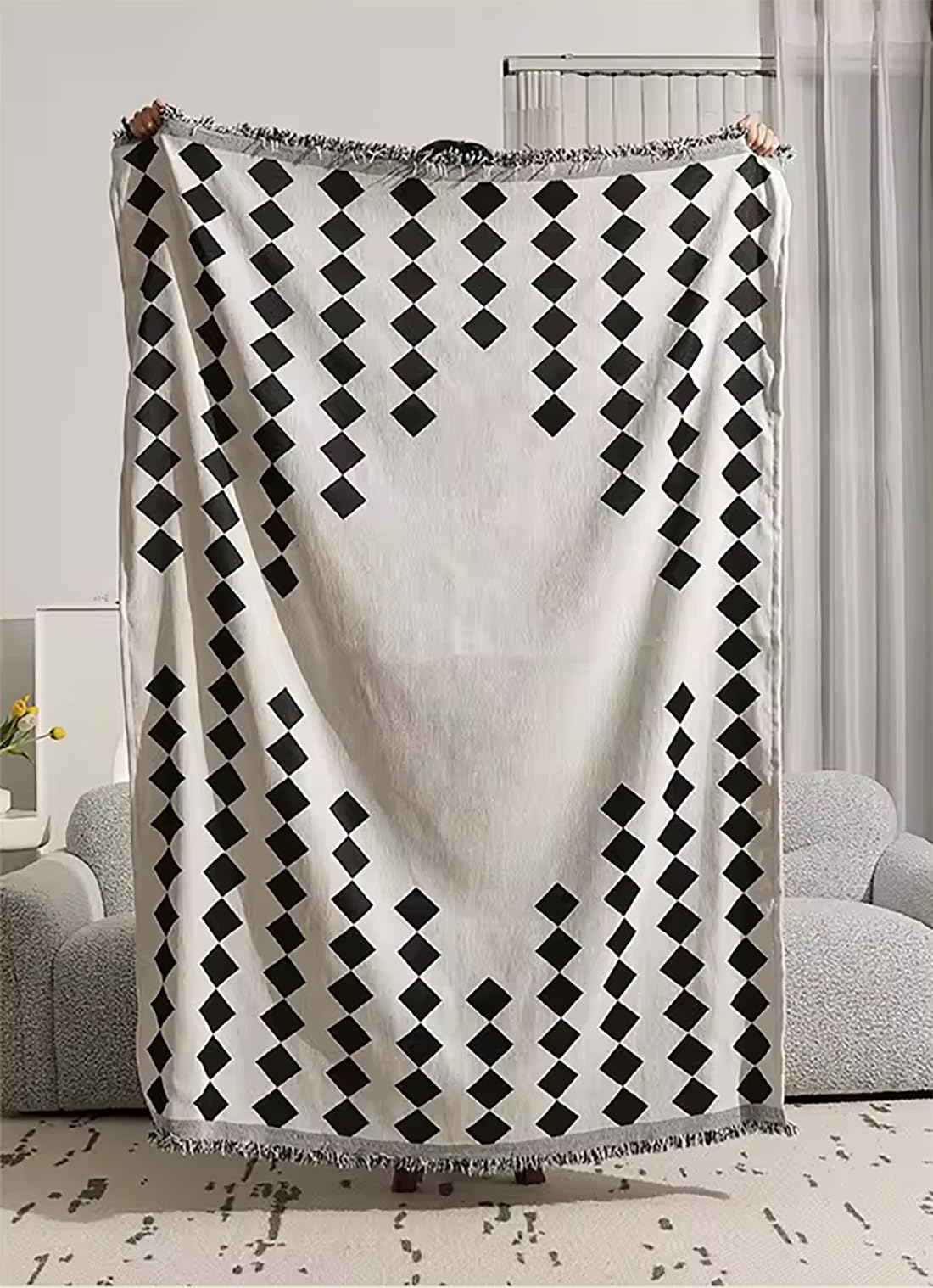 Fennco Styles Diamond Fringe Chenille Reversible Throw Blanket 50" W x 72" L - Black and White Geometric Woven Soft Blanket for Bed, Couch, Sofa, Home, Office and Holidays Décor