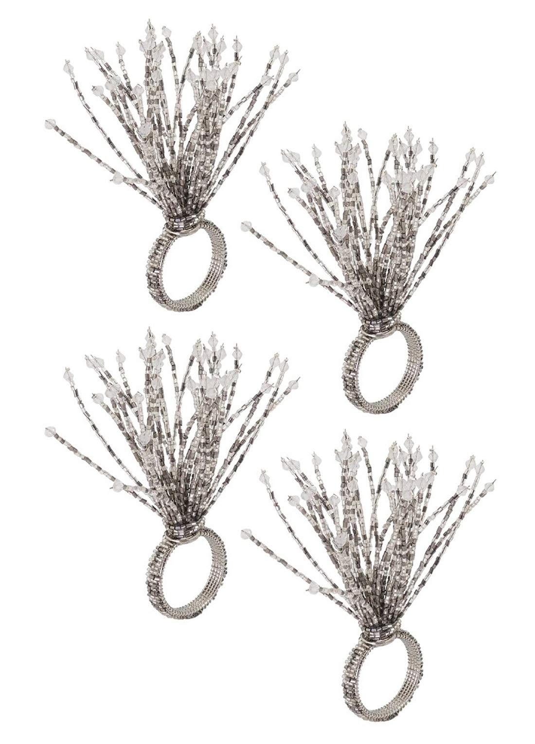 Fennco Styles Hand Beaded Spray Design Decorative Napkin Rings, Set of 4 - Silver Glass Beads Napkin Holders for Home, Dining Table, Banquets, Christmas Décor and Special Occasion