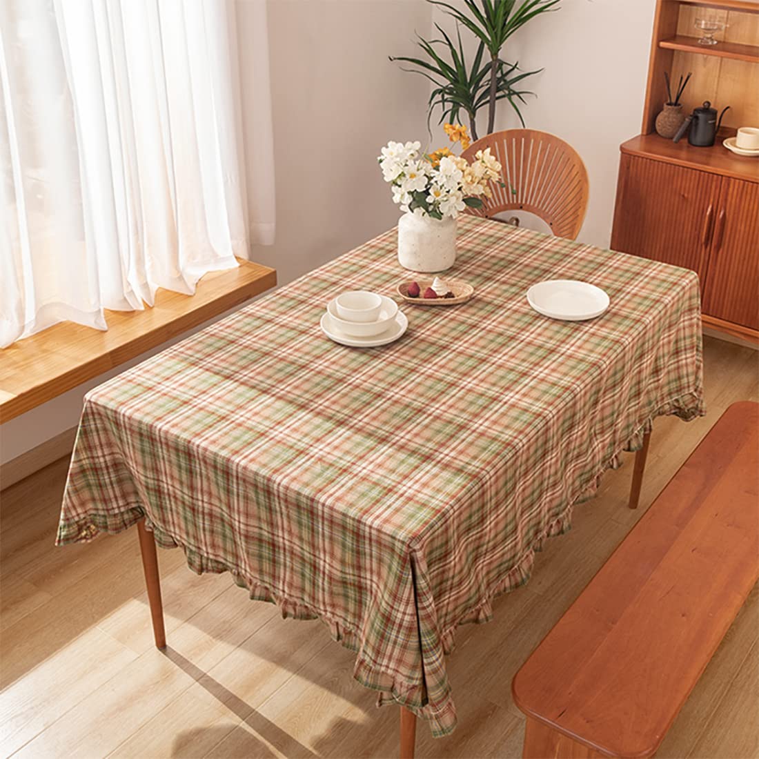 Fennco Styles Plaid Ruffled Border Cotton Woven Tablecloth 56" W x 71" L - Khaki Tartan Table Cover for Banquets, Holiday, Special Events, Home, Dining Room Décor and Everyday Use