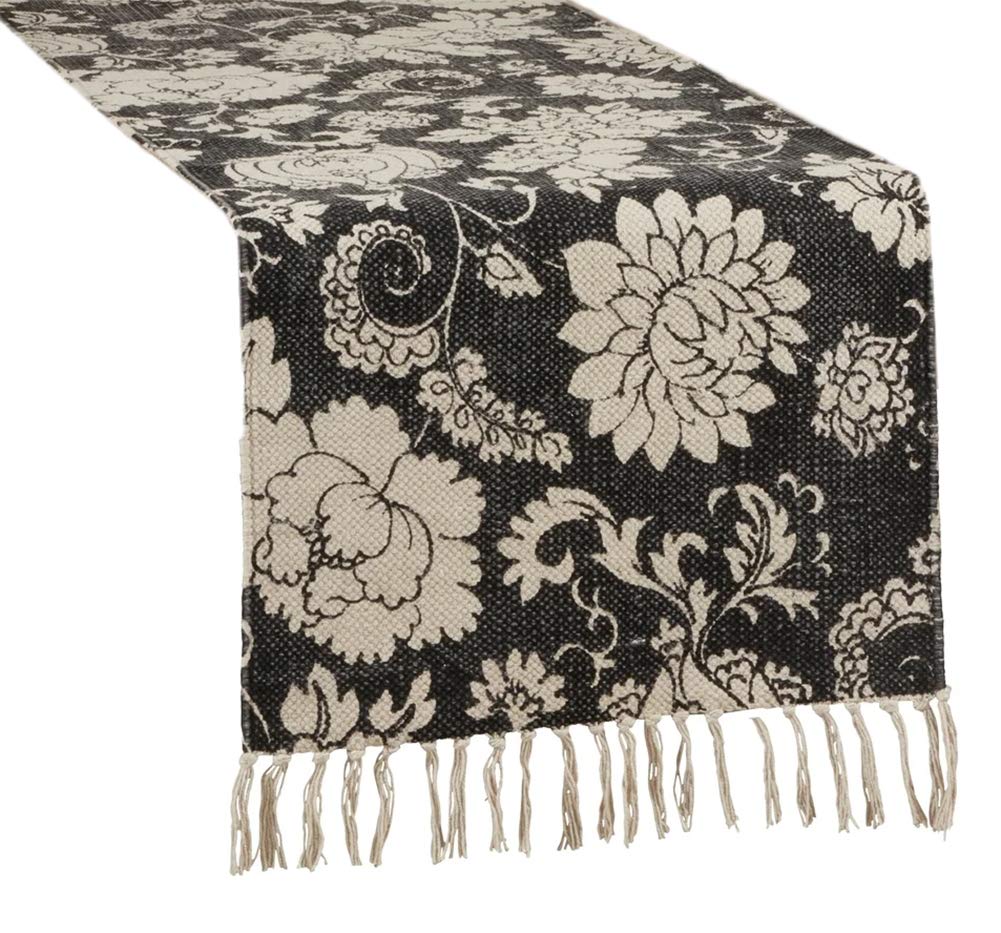 Fennco Styles Fringed Floral Cotton Table Runner 16 x 72 Inch – Black Table Cover for Home Décor, Dining Table, Banquets, Holidays and Special Events