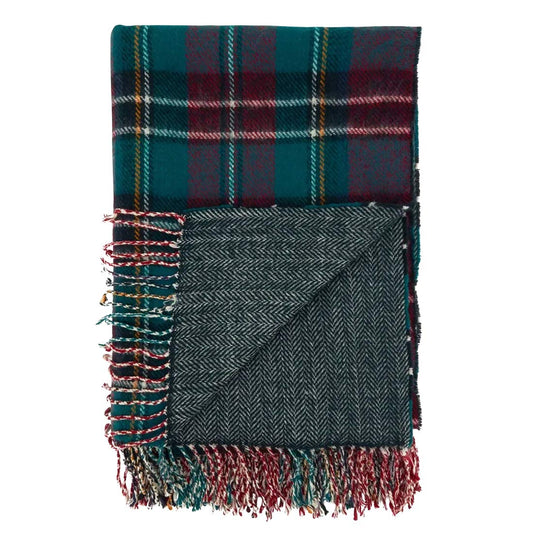 Fennco Styles Reversible Plaid Herringbone Fringe Throw Blanket 50" W x 60" L – Green Knitted Blanket for Couch, Bedroom and Living Room Décor
