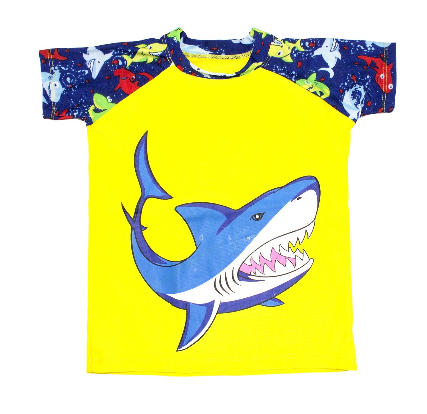 stylesilove Kids Boy Cartoon Dinosaur Shark Rashguard Top & Swim Shorts with Hat 3 pcs Set
