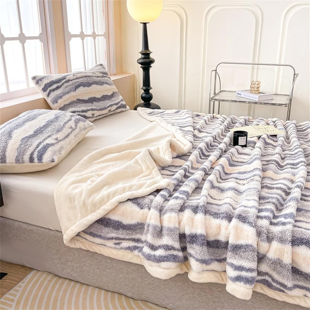 Fennco Styles Beige Stripe Fuzzy Faux Fur Fleece Throw Blanket 60" W x 80" L – Reversible Plush Fluffy Soft Blanket for Home, Couch, Bedroom, Living Room, Office, and Holiday Décor