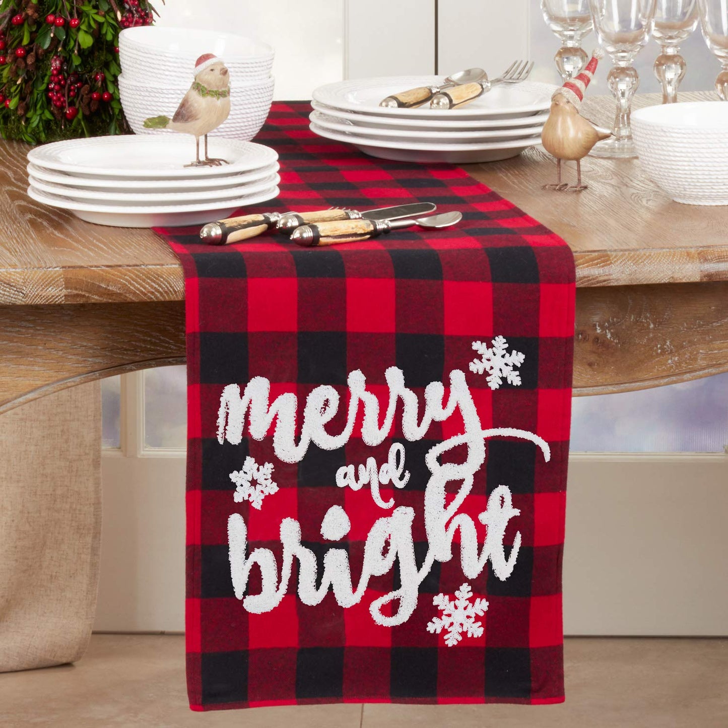 Fennco Styles Holiday Buffalo Plaid Cotton Blend Merry and Bright Table Runner 14 x 72 Inch - Red & Black Plaid Table Cover for Christmas Decor, Home, Banquet, Family Gathering and Special Occasion