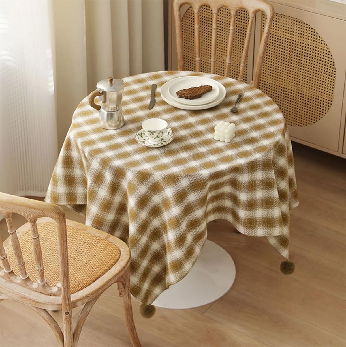Fennco Styles Plaid Woven 100% Cotton Tablecloth with Pom Pom - Green Table Cover for Winter Holiday Décor, Banquet, Family Gathering and Special Occasion
