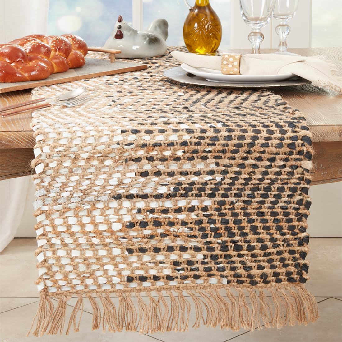 Fennco Styles Two-Tone Jute Leather Table Runner with Fringe 16" W X 72" L - Black & White Woven Rustic Table Cover for Home, Dining Room Décor, Banquets, Family Gatherings