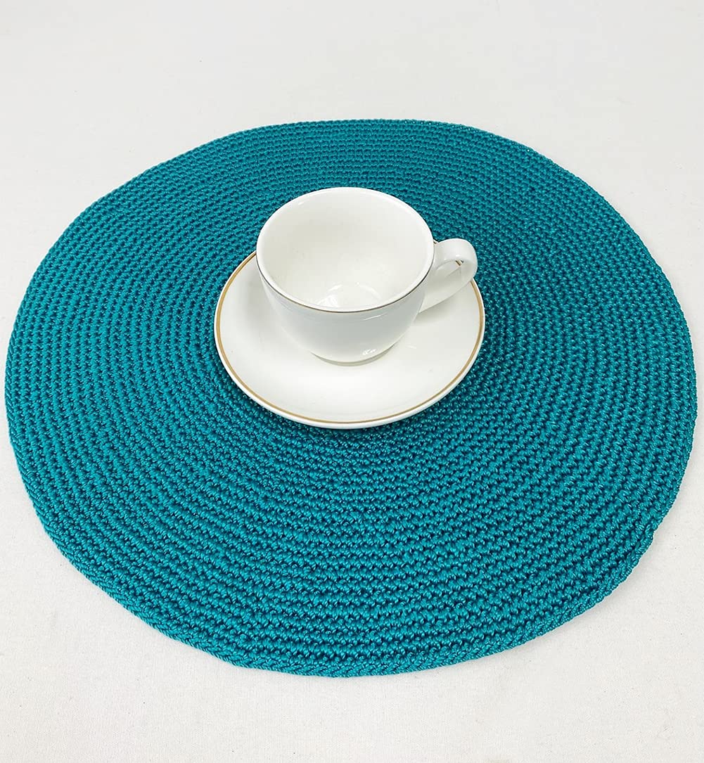 Fennco Styles Handmade Crochet Farmhouse Placemats 14-inch Round, Set of 4 - Decorative Table Mats for Home Décor, Dining Table, Banquets and Special Events