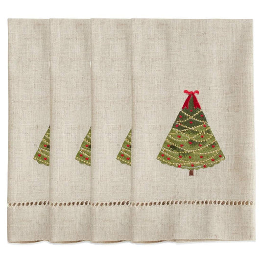 Fennco Styles Embroidered and Hemstitched Design Ribbon Christmas Tree Linen-Poly Guest Towels 14 x 22 Inch, Set of 4 – Natural Modern Hand Towels for Bathroom Decor, Bar Accessories, Wedding Gift