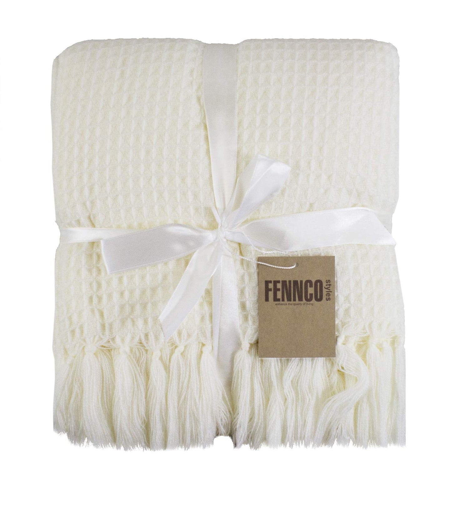 Fennco Styles Classic Waffle Weave Tassel Trim 50 x 60 Inch Throw - Grey Throw Blanket for Couch, Bedroom and Living Room Décor