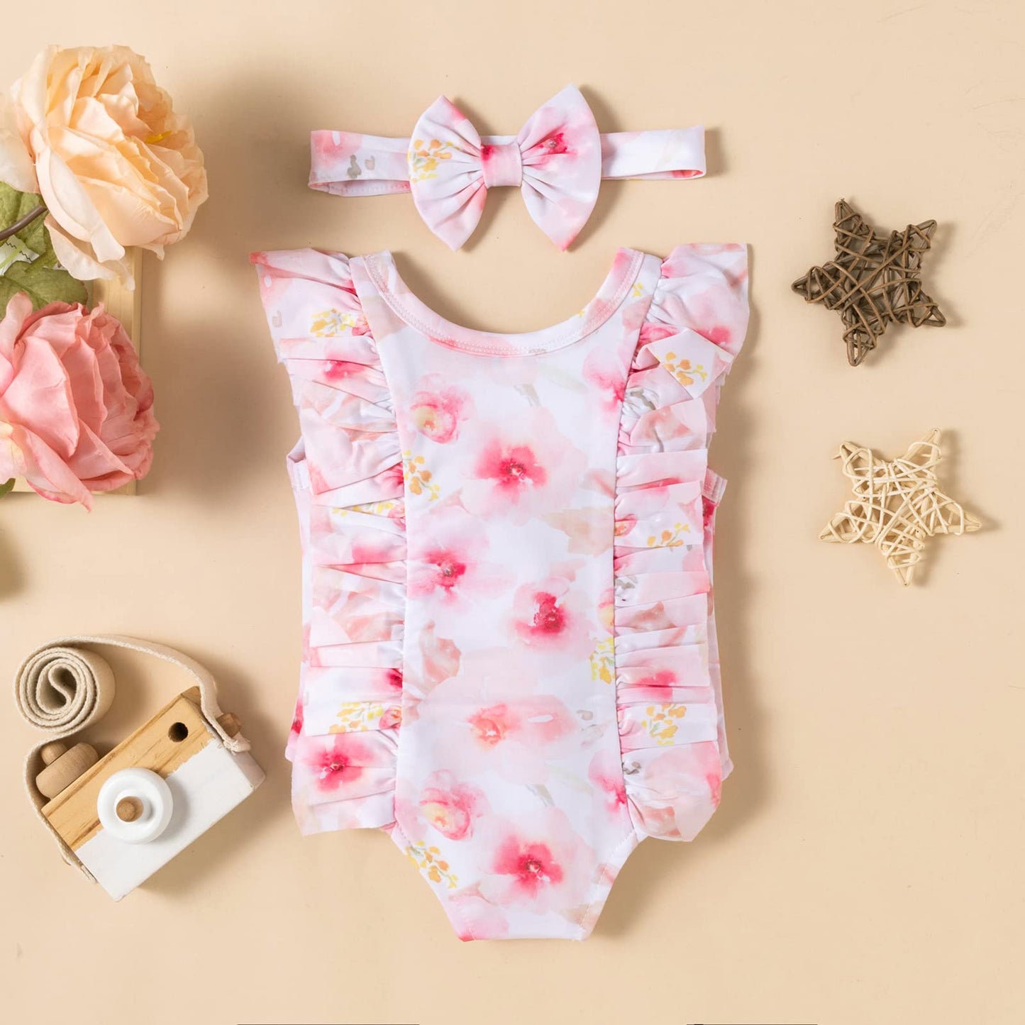 stylesilove Baby Toddler Girls Watercolor Floral Print Ruffled One-Piece Swimsuit & Headband Pink Bathing Suit Beach Swimwear