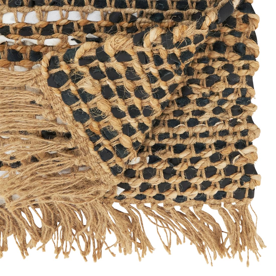 Fennco Styles Two-Tone Jute Leather Table Runner with Fringe 16" W X 72" L - Black & White Woven Rustic Table Cover for Home, Dining Room Décor, Banquets, Family Gatherings