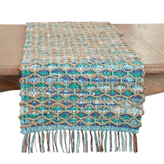 Fennco Styles Woven Net Chindi Table Runner with Tassel 16" W X 72" L - Aqua Cotton Jute Rustic Table Cover for Home, Dining Room Décor, Banquets, Family Gatherings