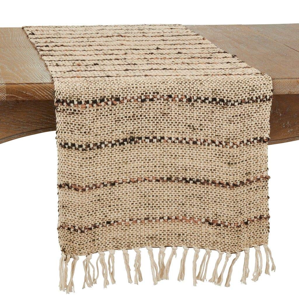 Fennco Styles Woven Striped with Fringe Cotton Table Runner 16" W x 72" L – Natural Rustic Table Cover for Home Décor, Dining Table, Banquets, Everyday Use and Special Events