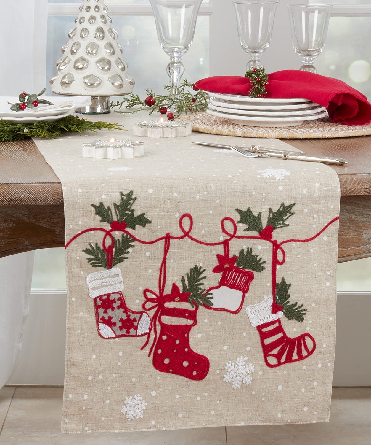 Fennco Styles Embroidered Christmas Stocking Table Runner 16" W x 70" L - Natural Festive Table Cover for Christmas Décor, Home, Banquet, Family Gathering, Holiday and Special Occasion