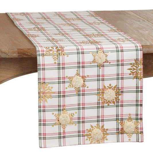 Fennco Styles Holiday Plaid Snowflake Table Runner 16" W x 72" L - Green and Red Festive Table Cover for Christmas Décor, Dining Table, Banquet, Family Gathering and Special Occasion
