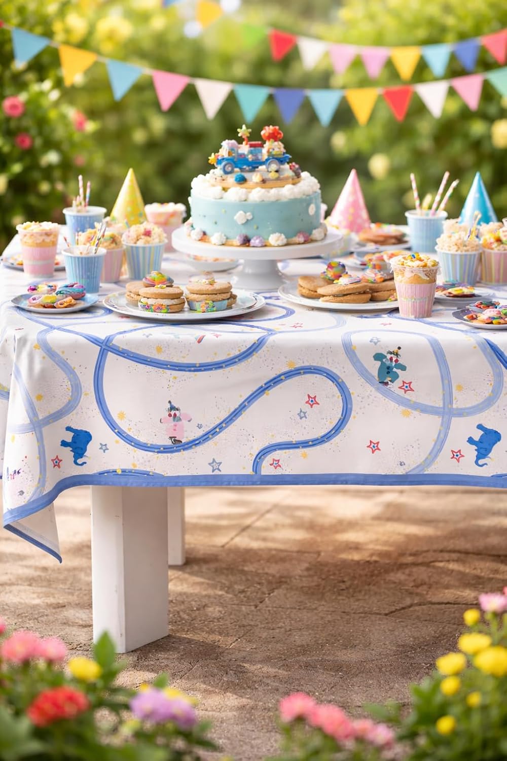 Fennco Styles Playful Circus Scalloped Tablecloth 56" x 71" – Whimsical Fun Animal & Star Print Table Cover for Kids & Family Table Decor for Daily Meals, Parties & Playdates