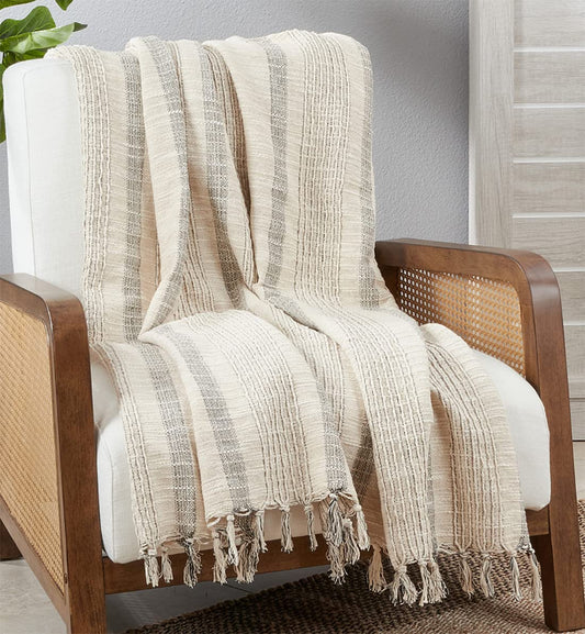 Fennco Styles Striped Woven Throw Blanket with Tassel 50" W x 60" L – Ivory Textured Blanket for Couch, Bedroom and Living Room Décor