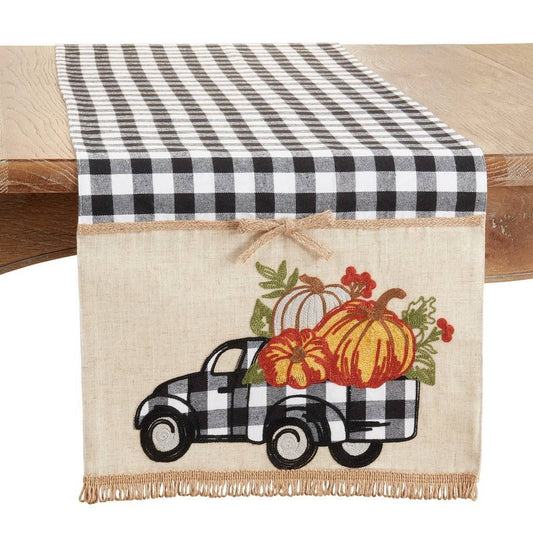 Fennco Styles Plaid Truck & Pumpkins Design Linen Blend Table Runner 16" W X 70" L - Black & White Holiday Table Cover for Home Décor, Thanksgiving, Banquets, Family Gatherings and Special Occasions