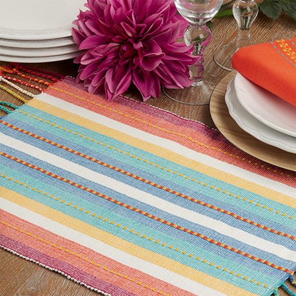 Fennco Styles Colorful Dobby Stripe Fringe Cotton Placemats 13" W x 19" L, Set of 4 - Multicolored Table Mats for Home Décor, Dining Table, Holiday, Banquets and Special Occasions