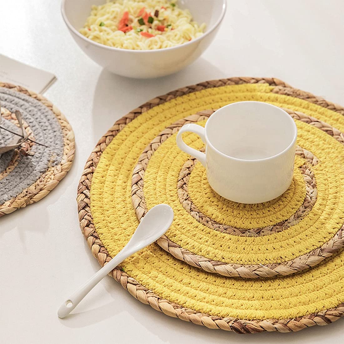 Fennco Styles Hand-Woven Rattan Cotton Rope Braided Placemats 12-Inch Round, Set of 4 - Heat Resistant Insulation Table Mats for Home, Boho Décor, Dining Table, Banquets and Special Events