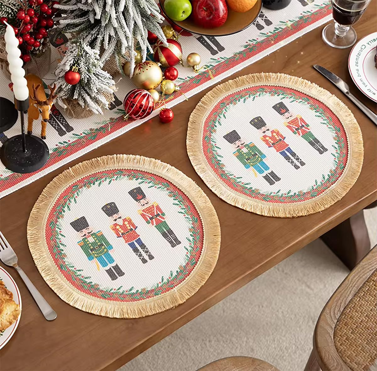 Fennco Styles Nutcracker Fringe Holiday Placemats 13" Round, Set of 4 - Multicolored Soldier Print Festive Table Mats for Christmas Décor, Banquet, Family Gathering and Special Events