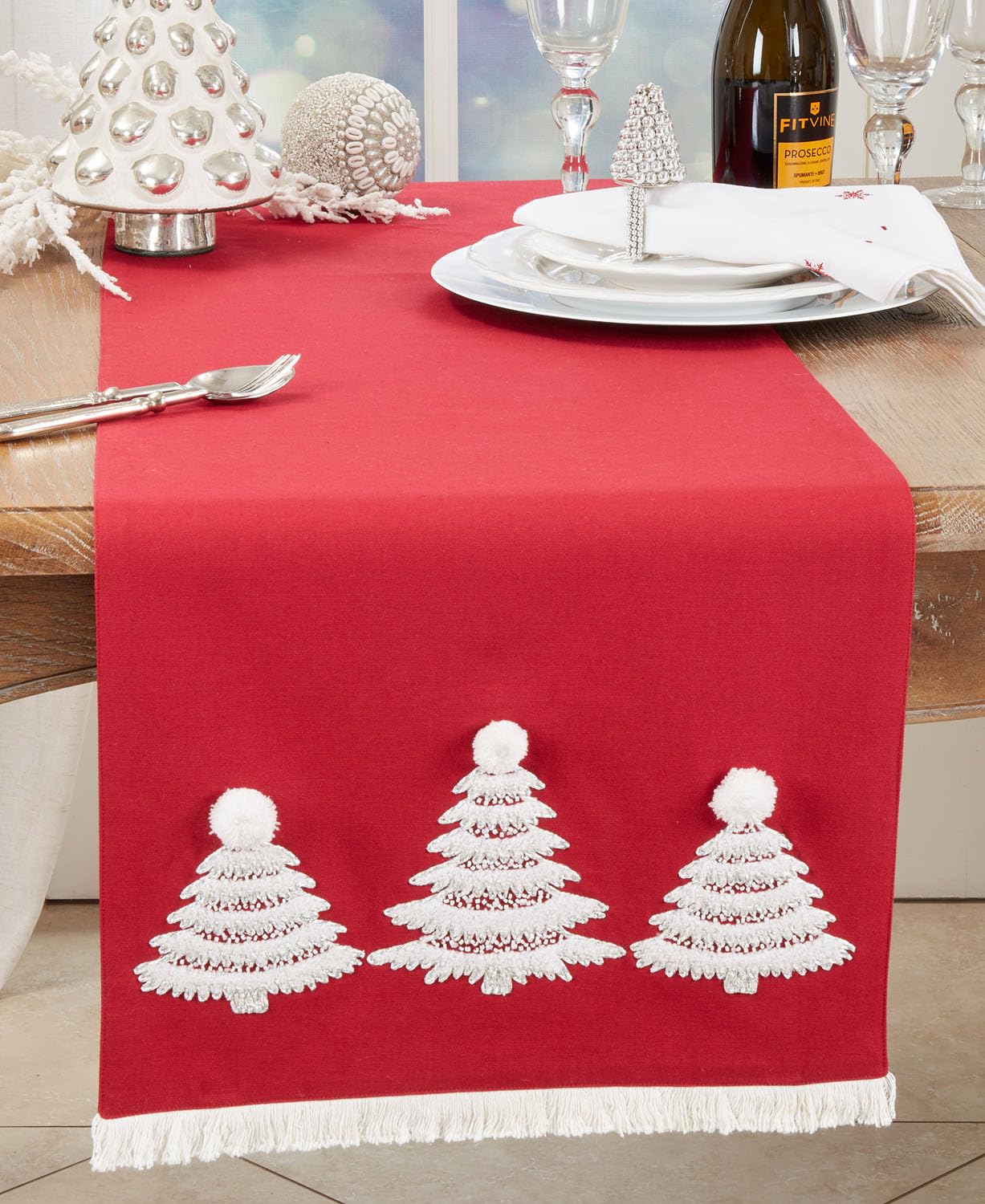 Fennco Styles Wonderland Christmas Tree Holiday Table Runner 16" W x 72" L - Red Cheer Cotton Table Cover for Home, Dining Room, Banquets and Winter Festivals Décor