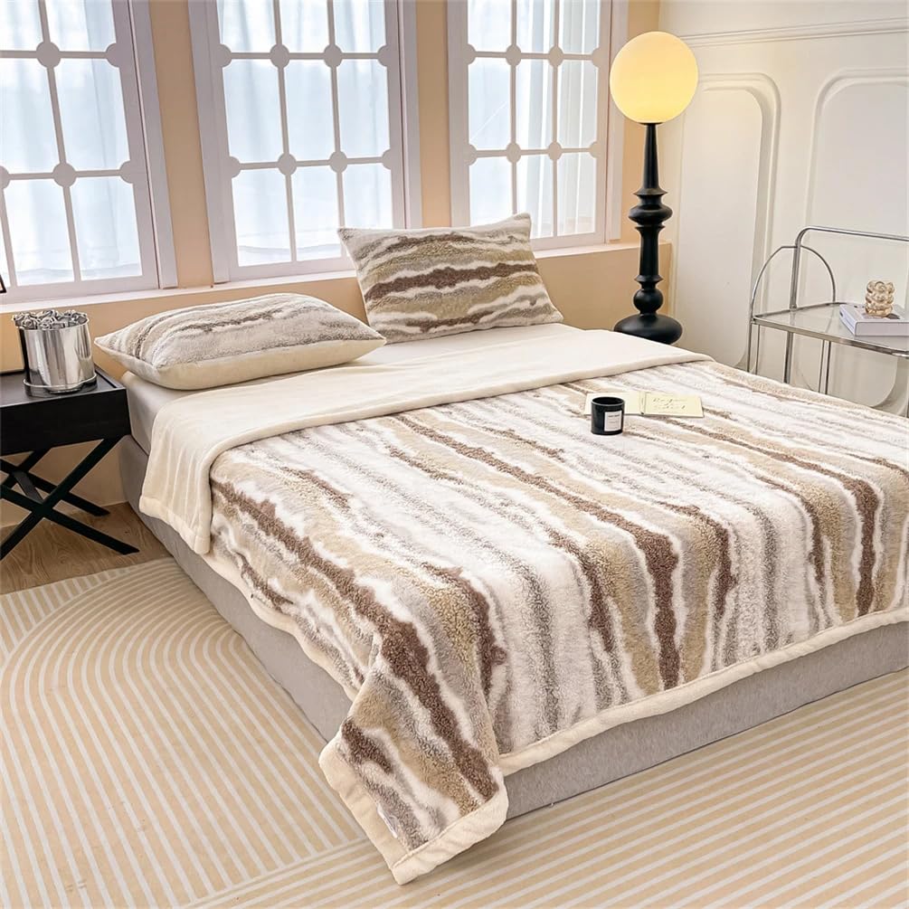 Fennco Styles Beige Stripe Fuzzy Faux Fur Fleece Throw Blanket 60" W x 80" L – Reversible Plush Fluffy Soft Blanket for Home, Couch, Bedroom, Living Room, Office, and Holiday Décor