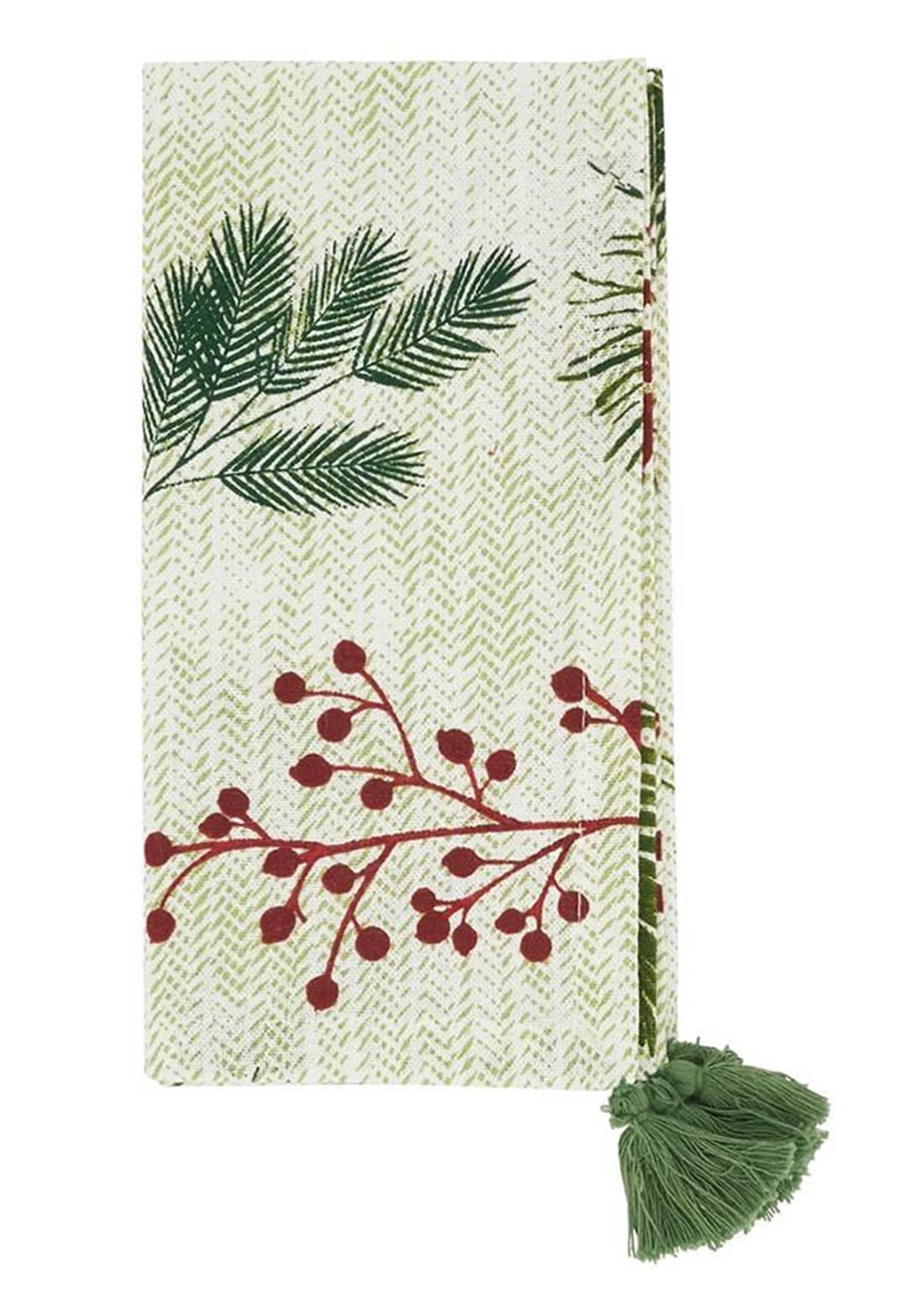 Fennco Styles Pine Needle & Red Berry Cotton Christmas Table Runner with Tassel 16"W x 72"L - Red & Green Festive Table Cover for Home, Dining Room, Winter Holiday Décor, Banquets, and Special Events