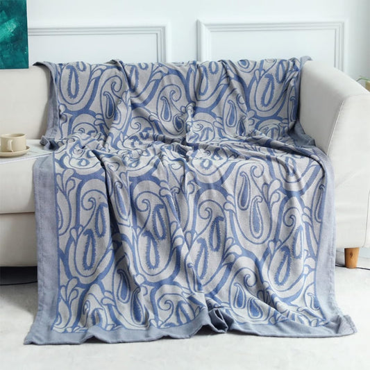 Fennco Styles Modern Paisley Knit Throw Blanket 50" W x 60" L – Blue Bohemian Lightweight Blanket for Indoor Outdoor, Couch, Bedroom, Living Room and Office Décor