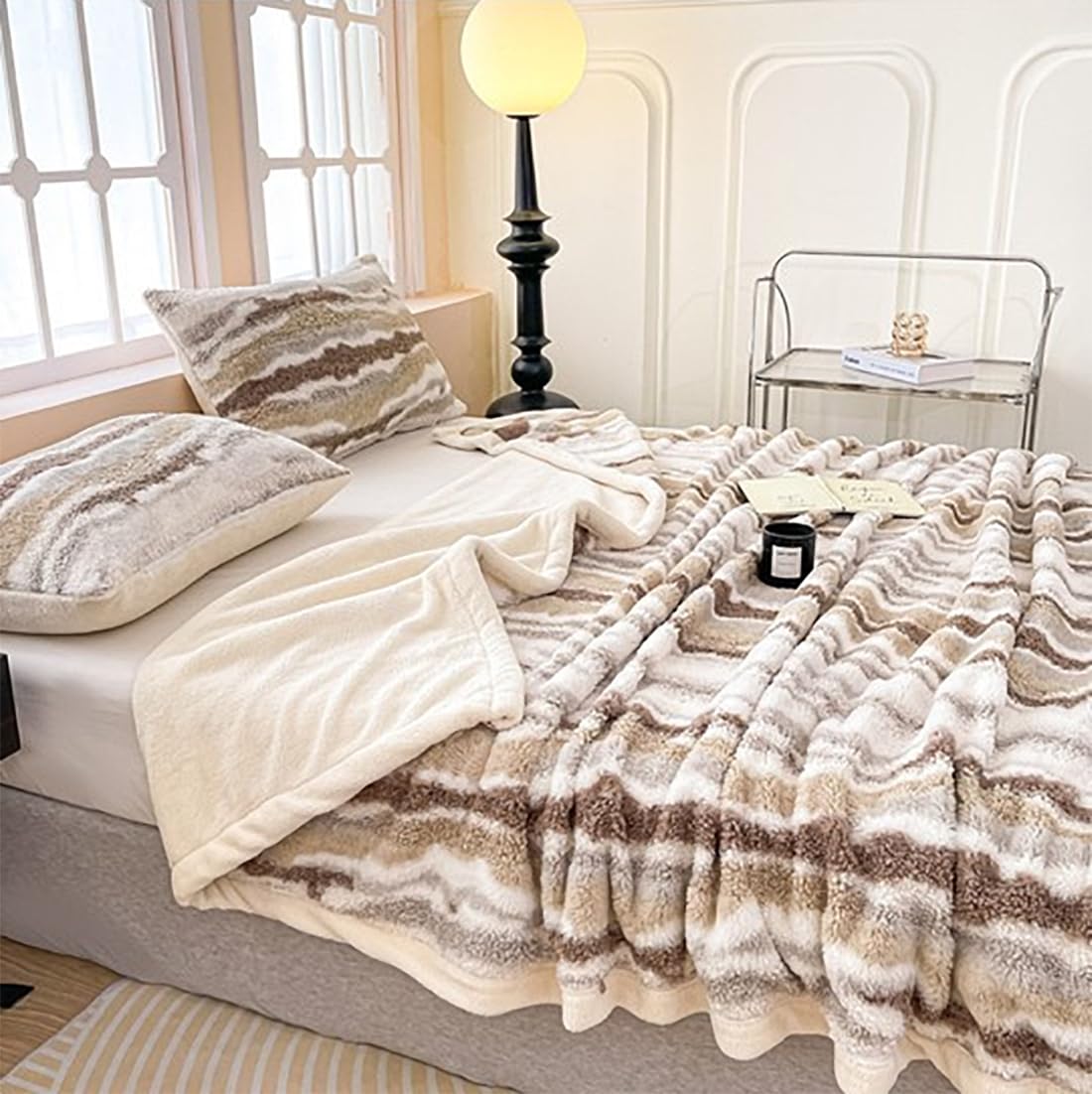 Fennco Styles Beige Stripe Fuzzy Faux Fur Fleece Throw Blanket 60" W x 80" L – Reversible Plush Fluffy Soft Blanket for Home, Couch, Bedroom, Living Room, Office, and Holiday Décor
