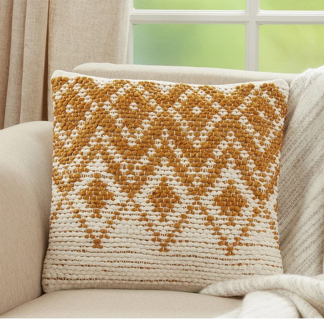 Fennco Styles Diamond Woven Cotton Jute Decorative Throw Pillow 18" W x 18" L - Square Cushion for Home, Couch, Bedroom, Living Room and Office Décor