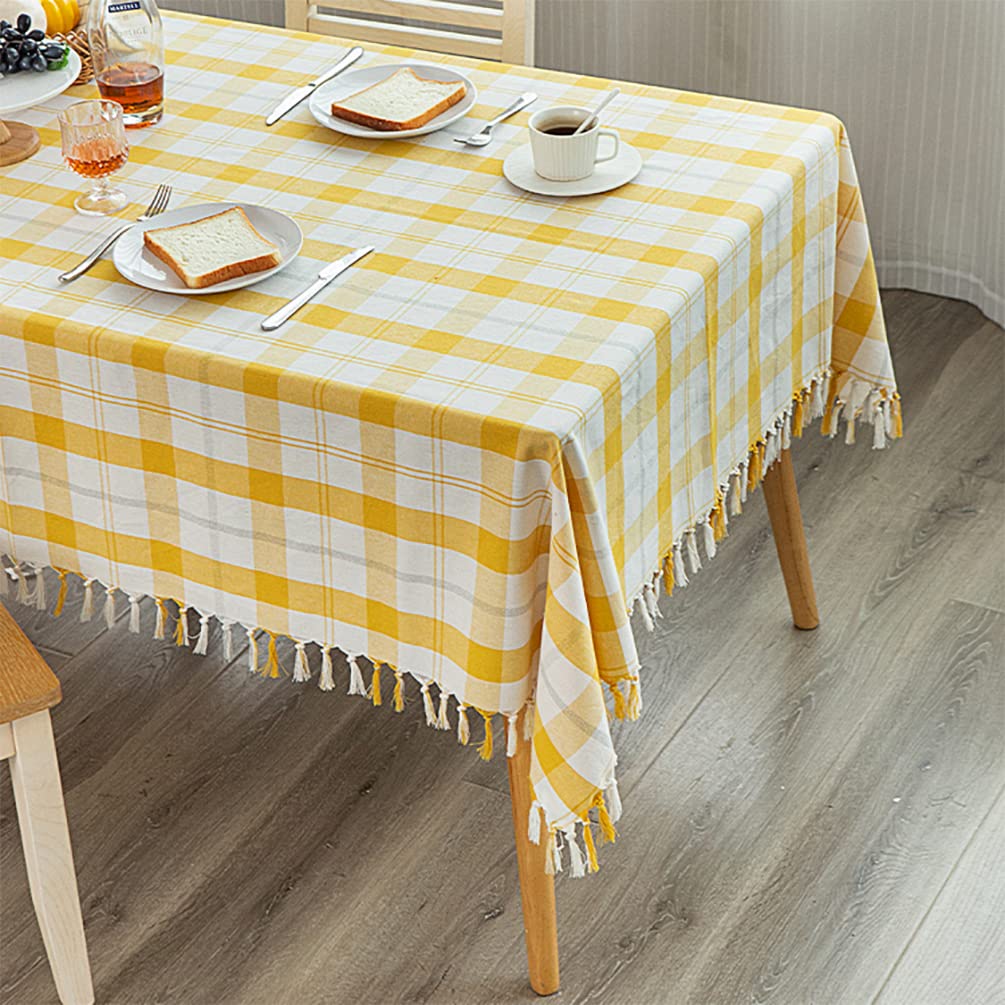 Fennco Styles Cotton Blend Woven Plaid Tassels Tablecloth 56" W x 40" L - Yellow & White Table Cover for Banquets, Holidays, Special Events, Home Décor and Everyday Use
