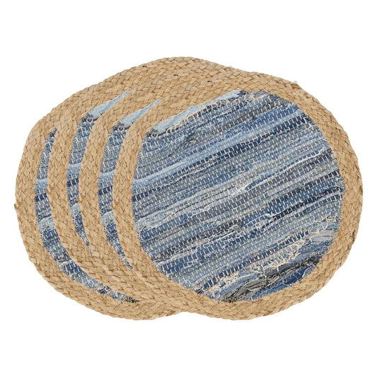 Fennco Styles Rustic Denim Chindi Placemats 15" Round, Set of 4 - Navy Blue Cotton Jute Woven Table Mats for Home, Dining Room Décor, Banquets, and Special Events