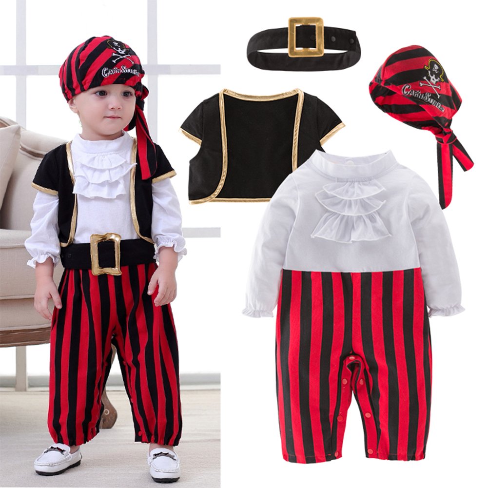 stylesilove Infant Baby Boy Cap'N Stinker Pirate Jumpsuit, Vest, Hat and Belt 4pcs Halloween Outfit Festival Clothing Set