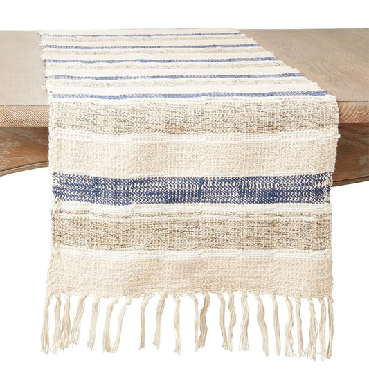 Fennco Styles Stripe Cotton Table Runner with Fringe Design 16" W x 72" L - Navy Blue Woven Table Cover for Home Décor, Dining Table, Banquets, Family Gathering and Special Events