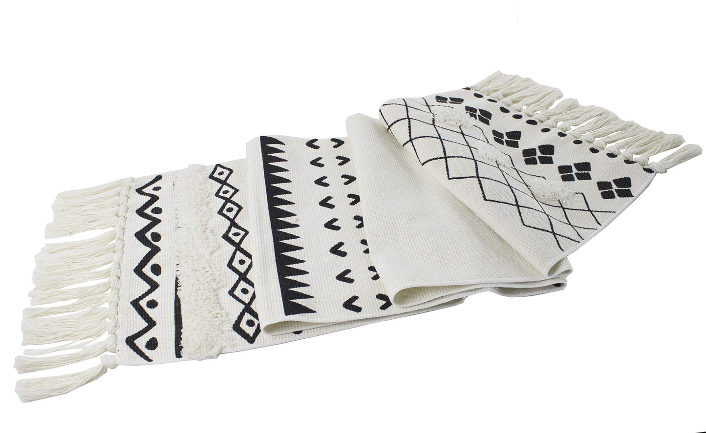 Fennco Styles Boho Farmhouse Woven Fringe Tasseled 14 x 71 Inch Tribal Table Runner – White and Black Table Runner for Everyday Use, Dinner Parties, Special Events and Home Décor